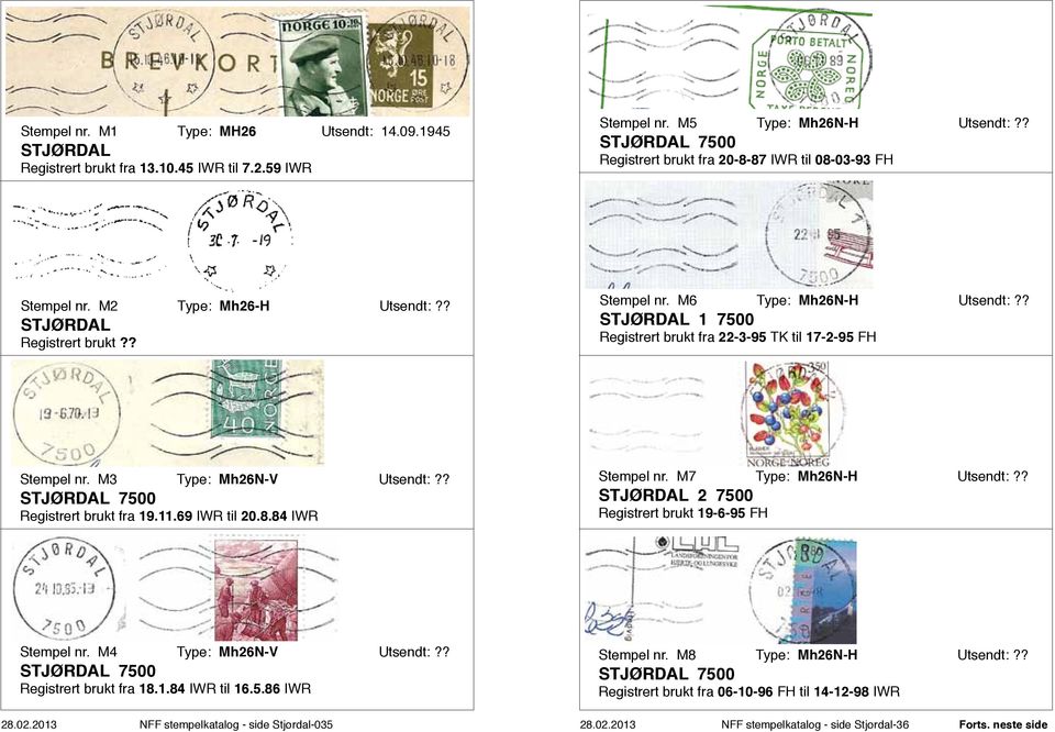 M6 Type: Mh26N-H Utsendt: STJØRDAL 1 Registrert brukt fra 22-3-95 TK til 17-2-95 FH Stempel nr. M3 Type: Mh26N-V Utsendt: STJØRDAL Registrert brukt fra 19.11.69 IWR til 20.8.84 IWR Stempel nr.