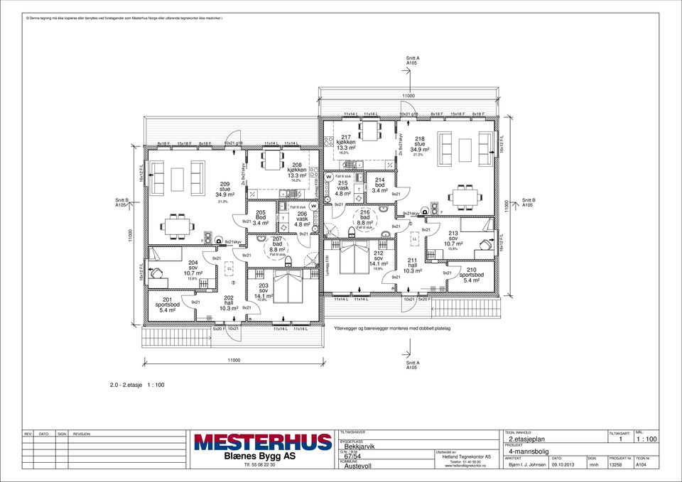 3 m² 6,2% 206 Lydvegg Lydvegg 25 26 8.8 m² 24 bod 3.4 m² 22 4. m² 0,9% skyv 2 0.3 m² 0x2 LL 5x20 23 0.