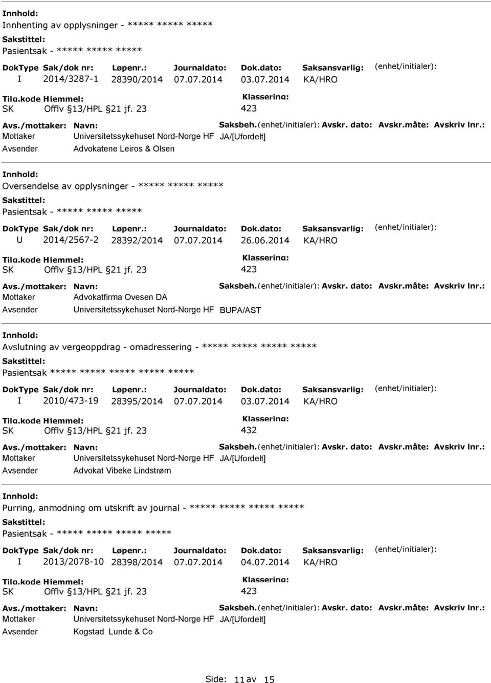 : Mottaker Advokatfirma Ovesen DA Avsender Universitetssykehuset Nord-Norge HF BUPA/AST nnhold: Avslutning av vergeoppdrag - omadressering - ***** ***** ***** ***** Pasientsak ***** ***** ***** *****