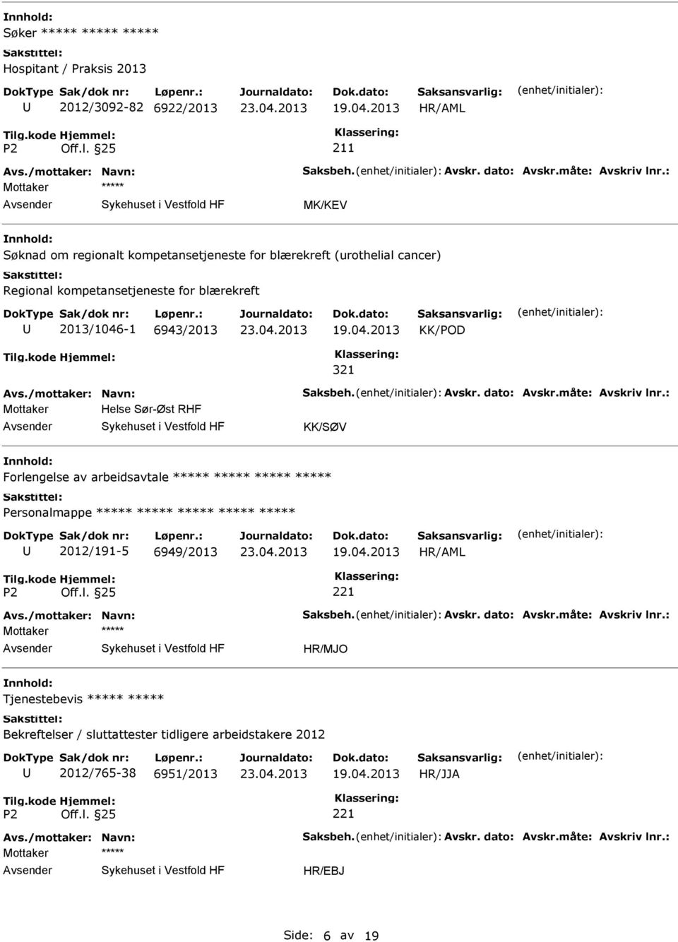 KK/POD 321 Mottaker Helse Sør-Øst RHF KK/SØV Forlengelse av arbeidsavtale 2012/191-5 6949/2013