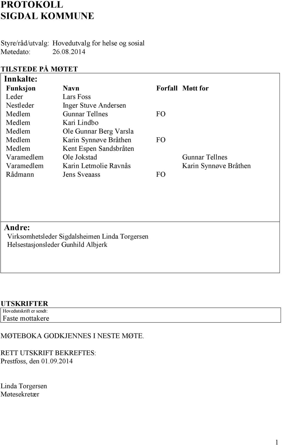 Varsla Medlem Karin Synnøve Bråthen FO Medlem Kent Espen Sandsbråten Varamedlem Ole Jokstad Gunnar Tellnes Varamedlem Karin Letmolie Ravnås Karin Synnøve Bråthen Rådmann Jens