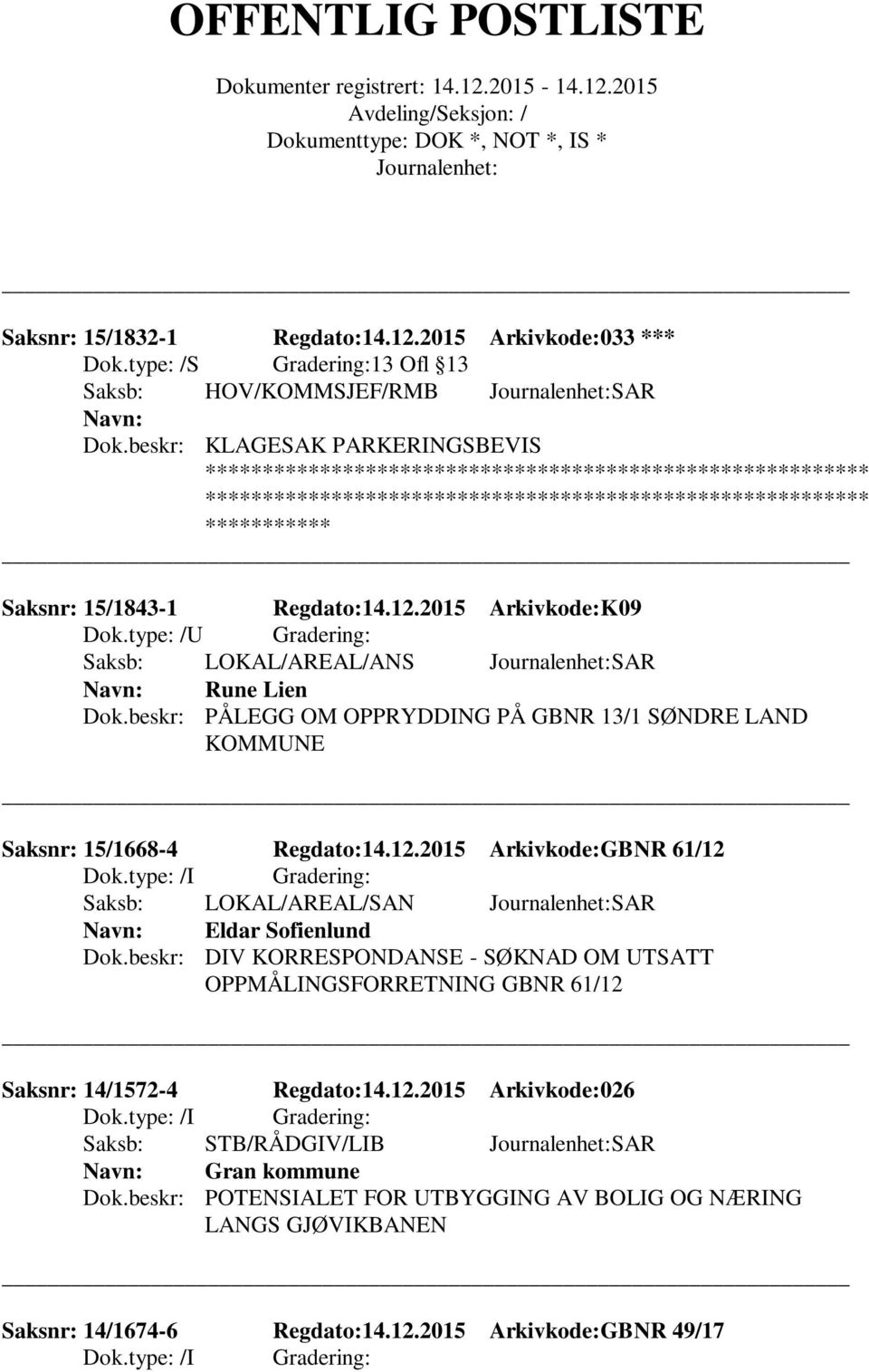 beskr: PÅLEGG OM OPPRYDDING PÅ GBNR 13/1 SØNDRE LAND KOMMUNE Saksnr: 15/1668-4 Regdato:14.12.2015 Arkivkode:GBNR 61/12 Saksb: LOKAL/AREAL/SAN SAR Eldar Sofienlund Dok.