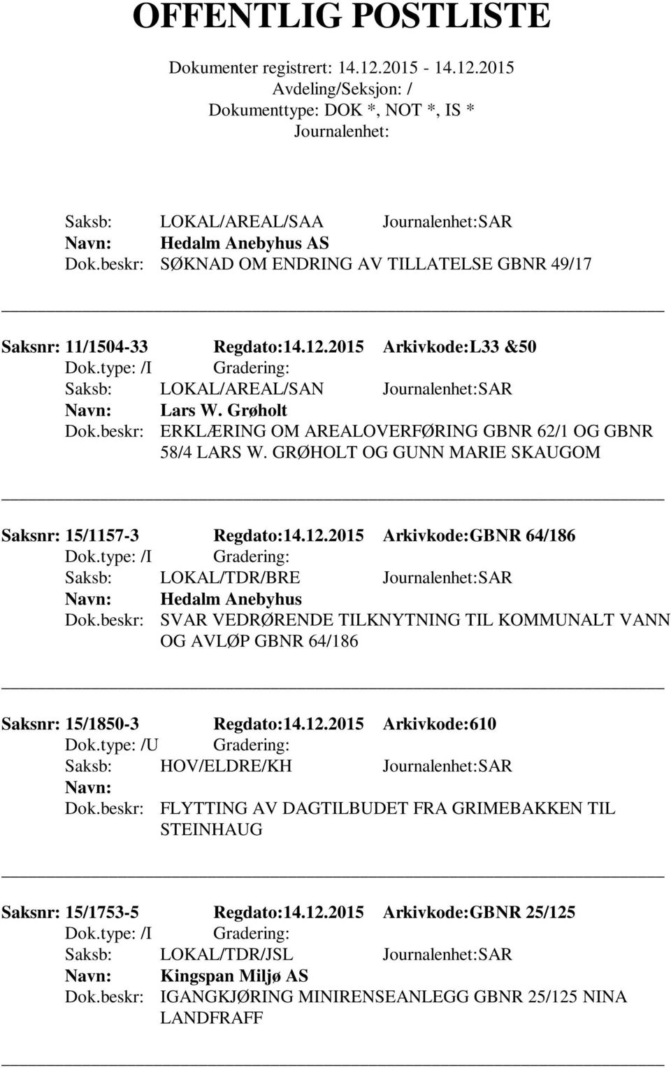 2015 Arkivkode:GBNR 64/186 Saksb: LOKAL/TDR/BRE SAR Hedalm Anebyhus Dok.beskr: SVAR VEDRØRENDE TILKNYTNING TIL KOMMUNALT VANN OG AVLØP GBNR 64/186 Saksnr: 15/1850-3 Regdato:14.12.