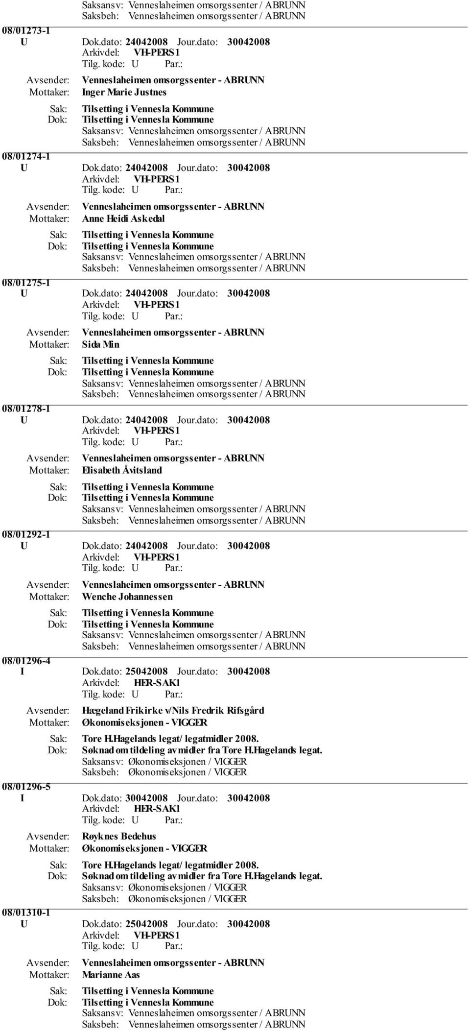 dato: Hægeland Frikirke v/nils Fredrik Rifsgård Økonomiseksjonen - VIGGER Tore H.Hagelands legat/ legatmidler 2008. Søknad om tildeling av midler fra Tore H.Hagelands legat. Saksansv: Økonomiseksjonen / VIGGER Saksbeh: Økonomiseksjonen / VIGGER 08/01296-5 I Dok.