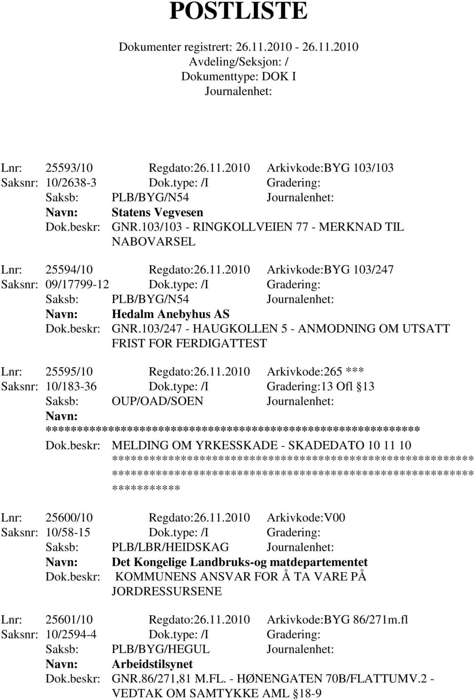 beskr: GNR.103/247 - HAUGKOLLEN 5 - ANMODNING OM UTSATT FRIST FOR FERDIGATTEST Lnr: 25595/10 Regdato:26.11.2010 Arkivkode:265 *** Saksnr: 10/183-36 Dok.