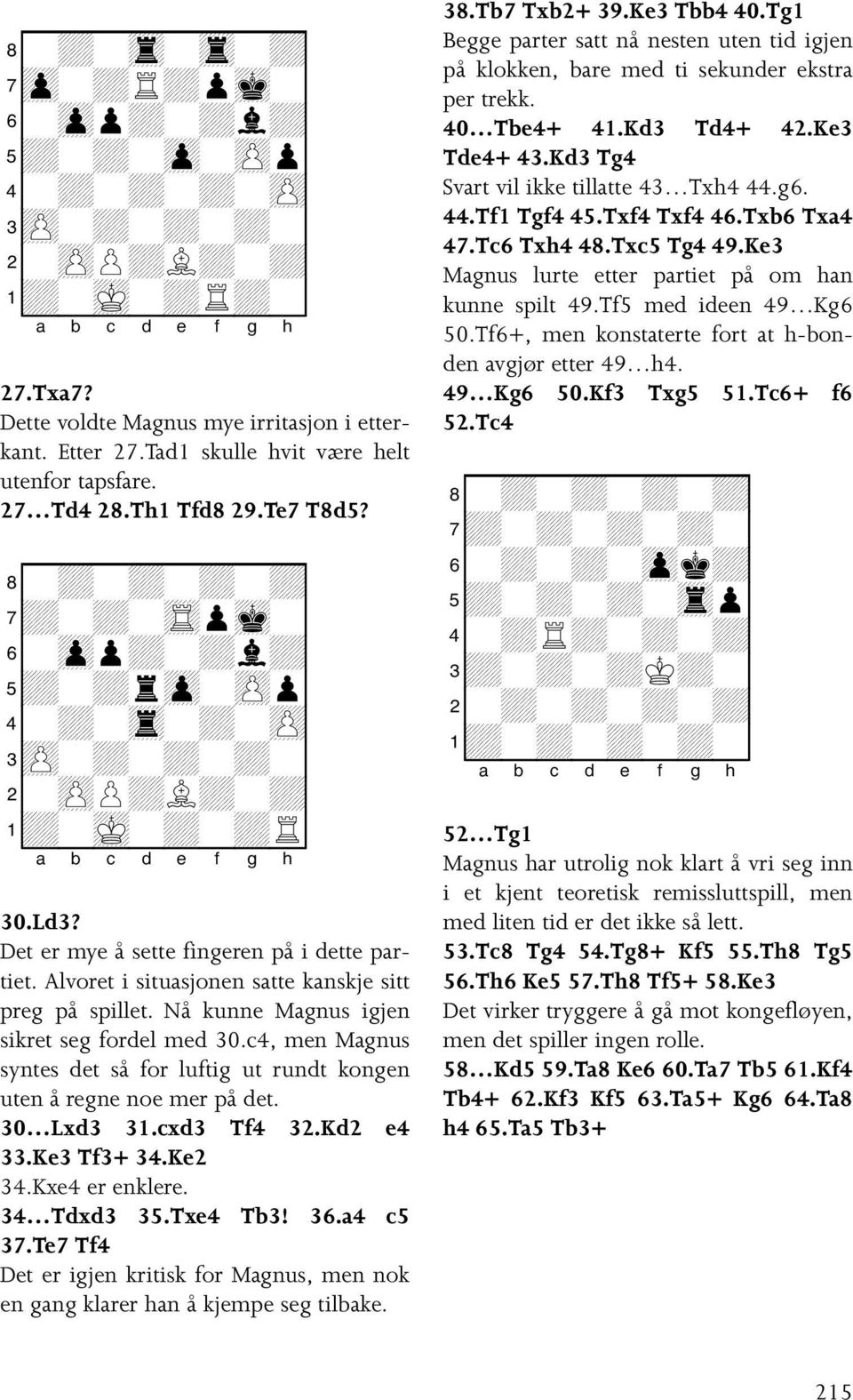 Det er mye å sette fingeren på i dette partiet. Alvoret i situasjonen satte kanskje sitt preg på spillet. Nå kunne Magnus igjen sikret seg fordel med 30.