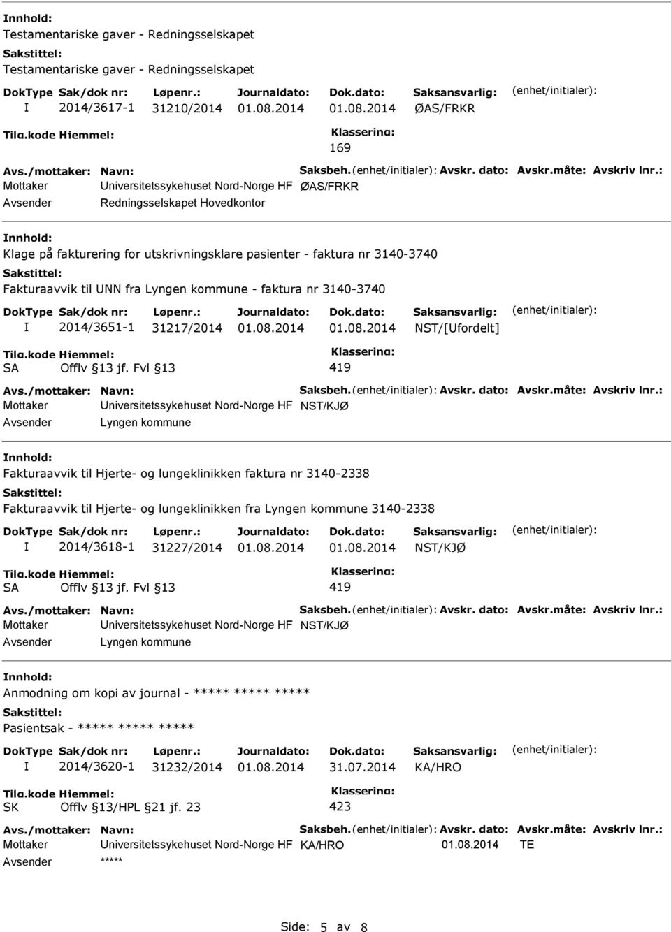 NST/[fordelt] SA 419 Mottaker NST/KJØ Lyngen kommune Fakturaavvik til Hjerte- og lungeklinikken faktura nr 3140-2338 Fakturaavvik til Hjerte- og lungeklinikken fra Lyngen