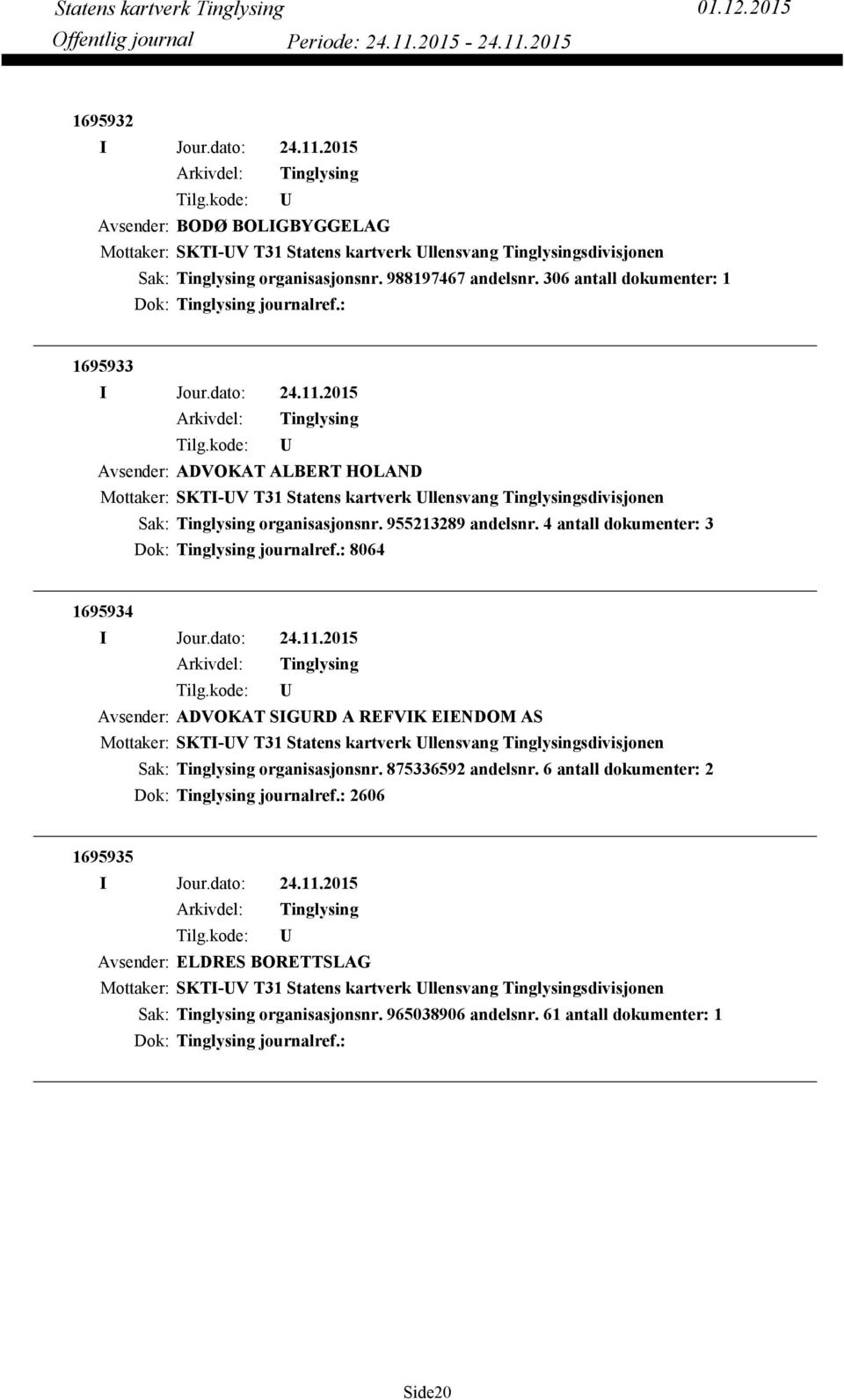 4 antall dokumenter: 3 Dok: journalref.: 8064 1695934 Avsender: ADVOKAT SIGRD A REFVIK EIENDOM AS Mottaker: SKTI-V T31 Statens kartverk llensvang sdivisjonen organisasjonsnr.