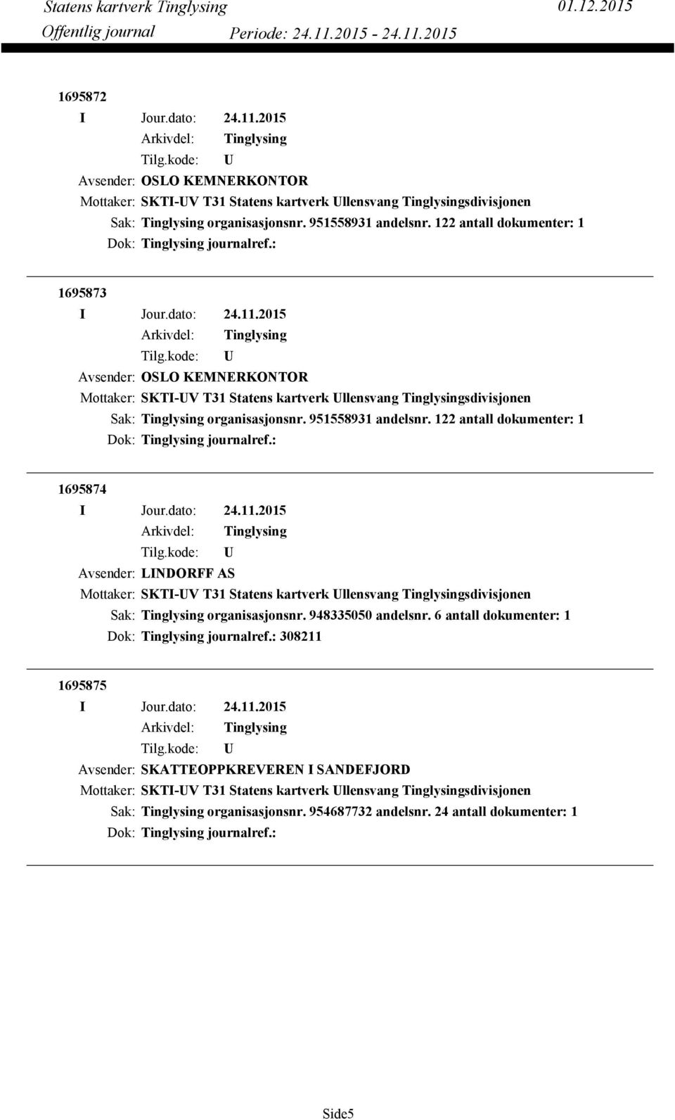 122 antall dokumenter: 1 Dok: journalref.: 1695874 Avsender: LINDORFF AS Mottaker: SKTI-V T31 Statens kartverk llensvang sdivisjonen organisasjonsnr. 948335050 andelsnr.