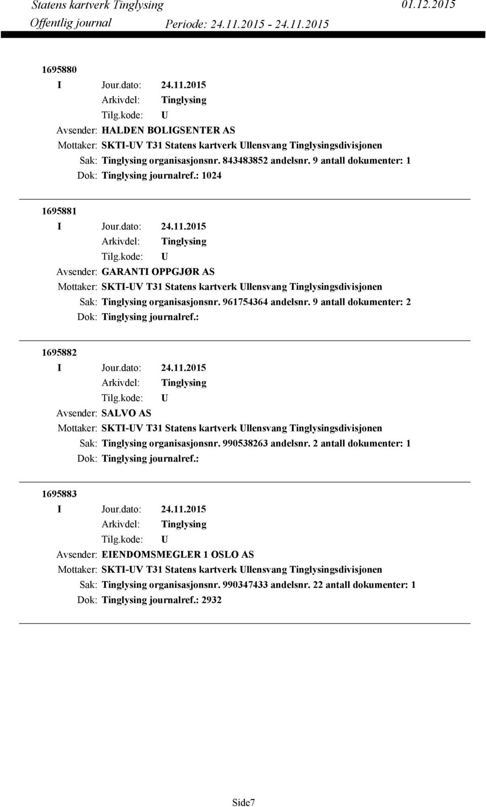 9 antall dokumenter: 2 Dok: journalref.: 1695882 Avsender: SALVO AS Mottaker: SKTI-V T31 Statens kartverk llensvang sdivisjonen organisasjonsnr. 990538263 andelsnr.