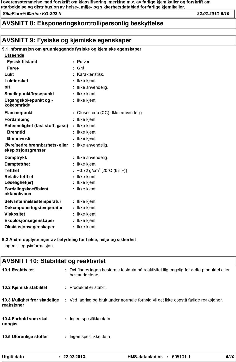 Antennelighet (fast stoff, gass) Brenntid Brennverdi Øvre/nedre brennbarhets eller eksplosjonsgrenser Damptrykk Damptetthet Tetthet Relativ tetthet Løselighet(er) Fordelingskoeffisient oktanol/vann