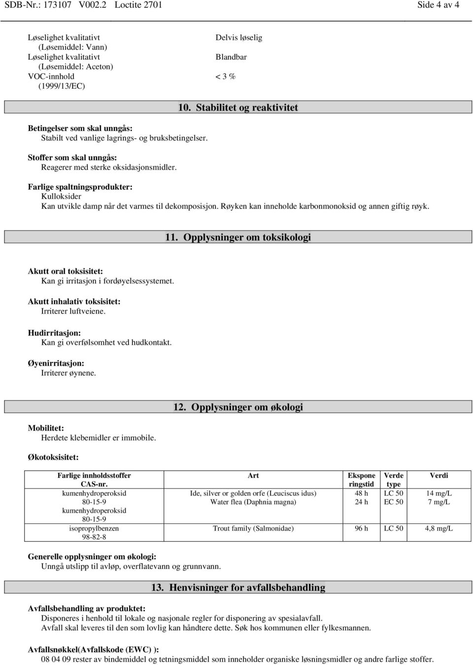 Stabilt ved vanlige lagrings- og bruksbetingelser. Stoffer som skal unngås: Reagerer med sterke oksidasjonsmidler. 10.