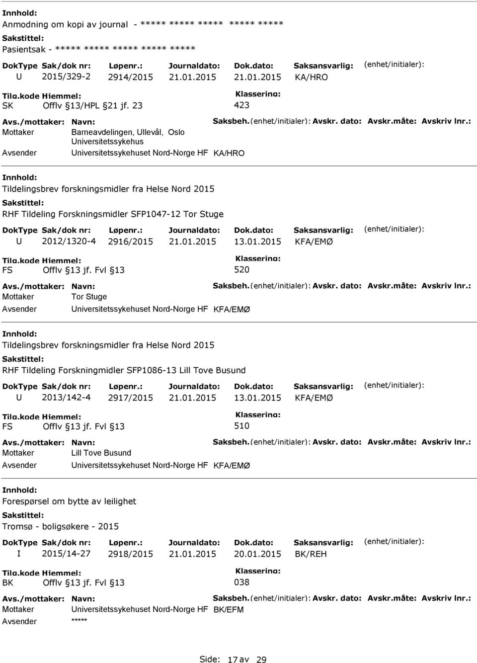 Stuge 2012/1320-4 2916/2015 FS 520 Mottaker Tor Stuge niversitetssykehuset Nord-Norge HF Tildelingsbrev forskningsmidler fra Helse Nord 2015 RHF Tildeling Forskningmidler SF1086-13 Lill Tove Busund