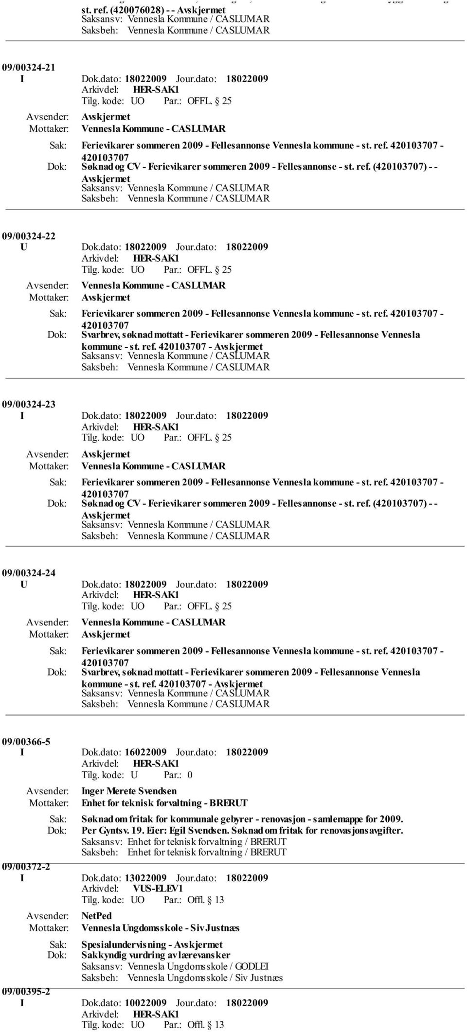 dato: Jour.dato: Vennesla Kommune - CASLUMAR Ferievikarer sommeren 2009 - Fellesannonse Vennesla kommune - st. ref.