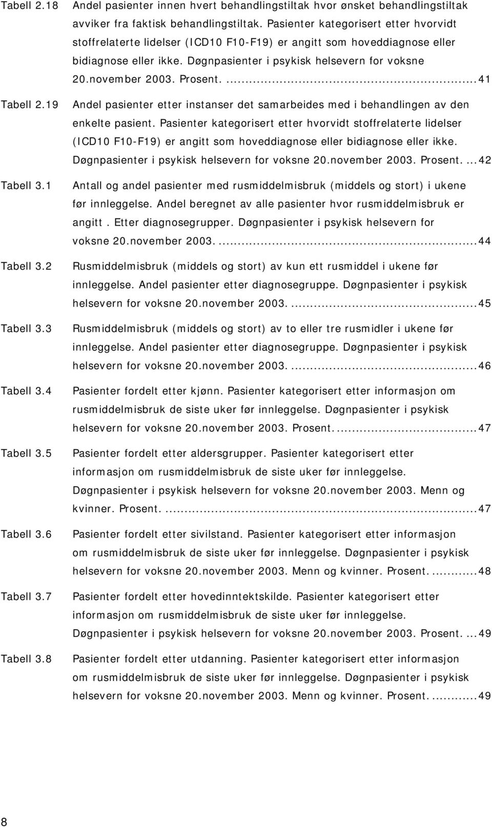 ...41 Tabell 2.19 Andel pasienter etter instanser det samarbeides med i behandlingen av den enkelte pasient. ...42 Tabell 3.1 Tabell 3.2 Tabell 3.3 Tabell 3.4 Tabell 3.5 Tabell 3.6 Tabell 3.