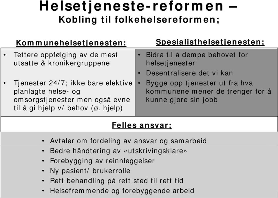 hjelp) Spesialisthelsetjenesten; Bidra til å dempe behovet for helsetjenester Desentralisere det vi kan Bygge opp tjenester ut fra hva kommunene mener de trenger for å