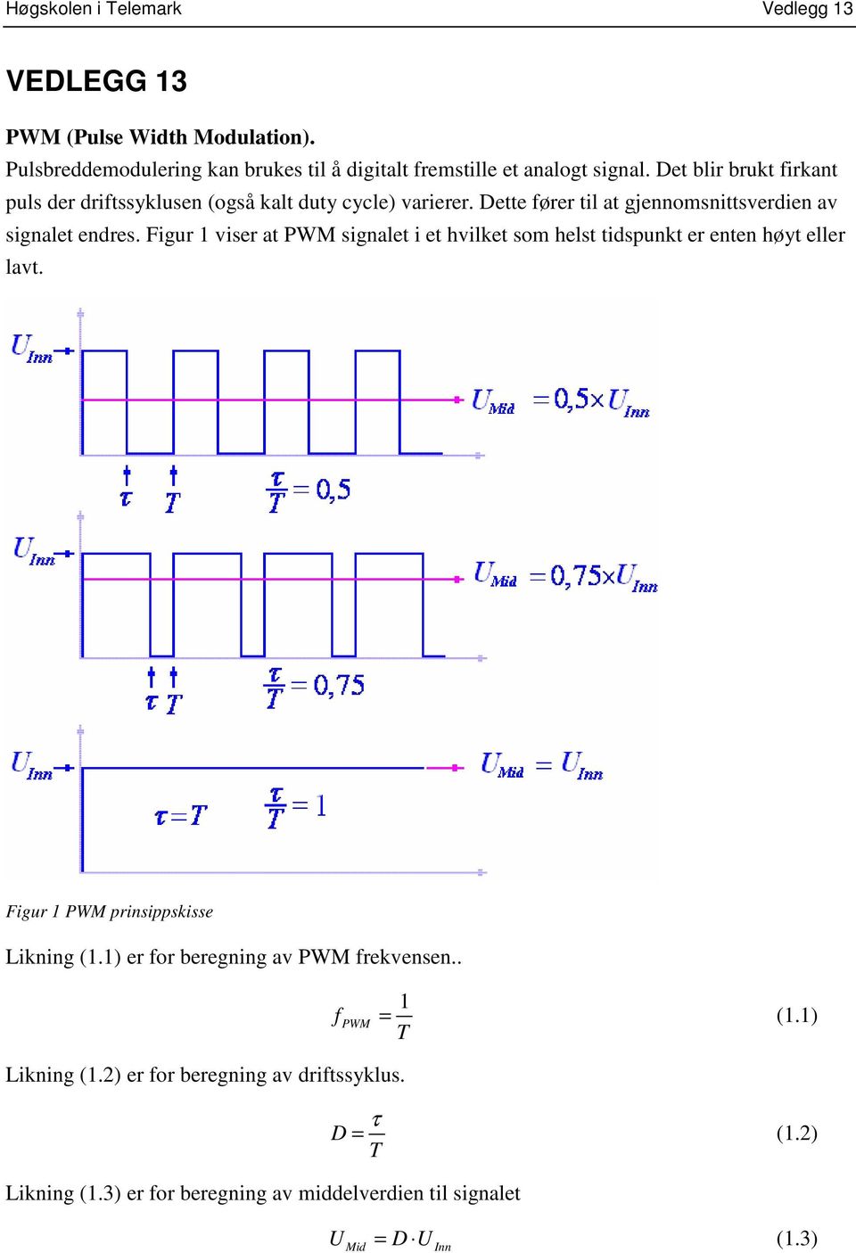Figur 1 viser at PWM signalet i et hvilket som helst tidspunkt er enten høyt eller lavt. Figur 1 PWM prinsippskisse Likning (1.