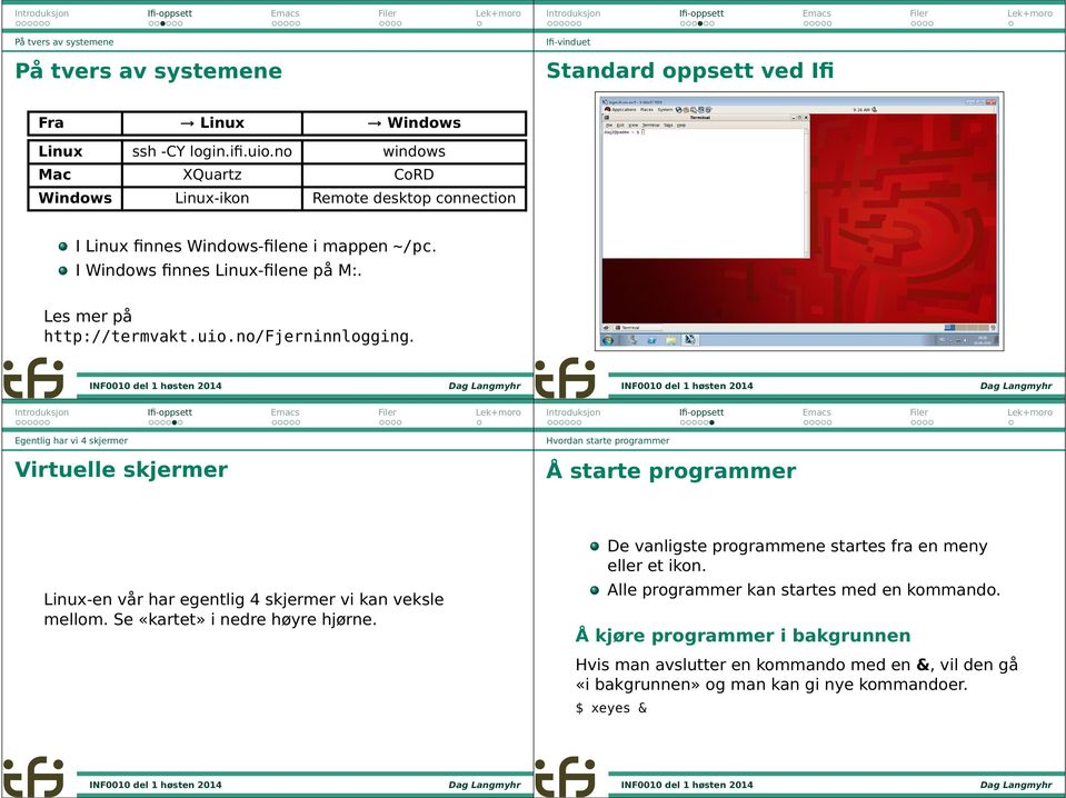 no/fjerninnlogging. Egentlig har vi 4 skjermer Virtuelle skjermer Hvordan starte programmer Å starte programmer Linux-en vår har egentlig 4 skjermer vi kan veksle mellom.