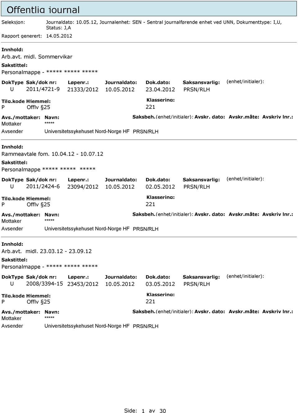 : niversitetssykehuset Nord-Norge HF RSN/RLH Rammeavtale fom. 10.04.12-10.07.12 ersonalmappe ***** ***** ***** 2011/2424-6 23094/2012 02.05.2012 RSN/RLH Avs./mottaker: Navn: Saksbeh. Avskr.