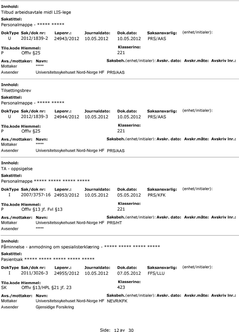 : niversitetssykehuset Nord-Norge HF RS/AAS TA - oppsigelse ersonalmappe ***** ***** ***** ***** 2007/3757-16 24953/2012 05.05.2012 RS/KFK Avs./mottaker: Navn: Saksbeh. Avskr. dato: Avskr.