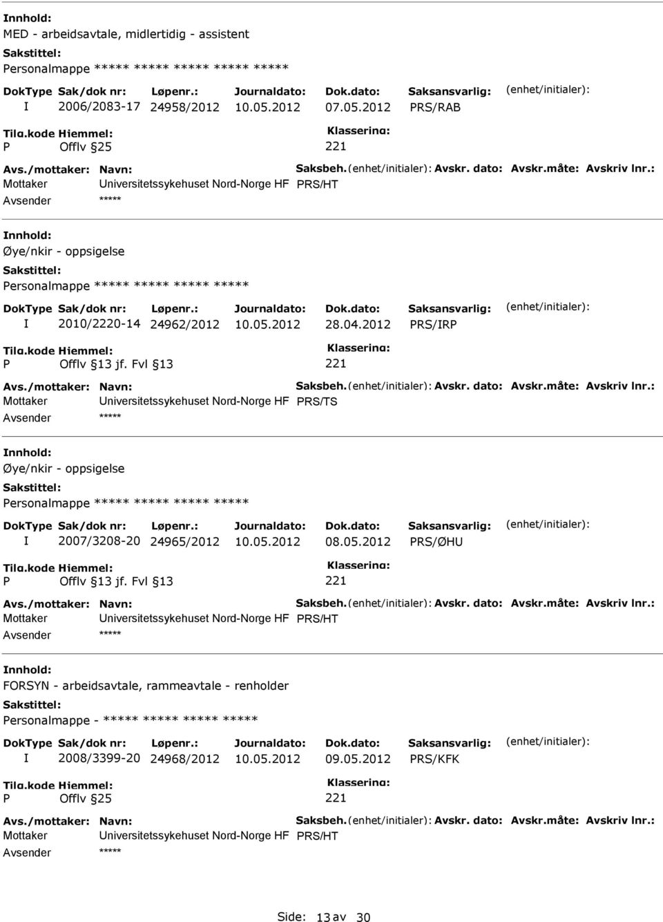 dato: Avskr.måte: Avskriv lnr.: Mottaker niversitetssykehuset Nord-Norge HF RS/TS ***** Øye/nkir - oppsigelse ersonalmappe ***** ***** ***** ***** 2007/3208-20 24965/2012 08.05.2012 RS/ØH Avs.