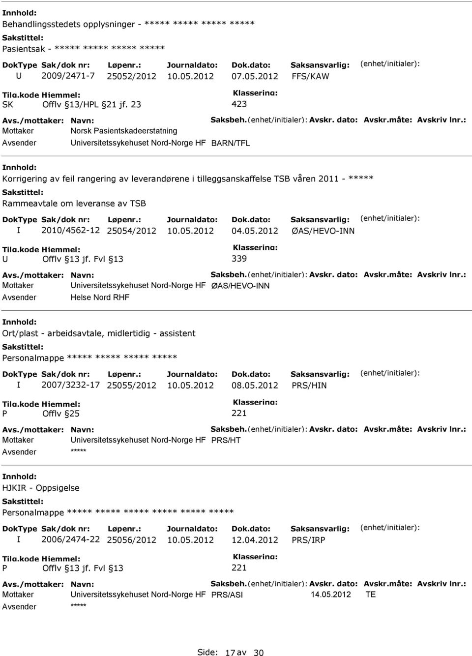 : Mottaker Norsk asientskadeerstatning niversitetssykehuset Nord-Norge HF BARN/TFL Korrigering av feil rangering av leverandørene i tilleggsanskaffelse TSB våren 2011 - ***** Rammeavtale om leveranse