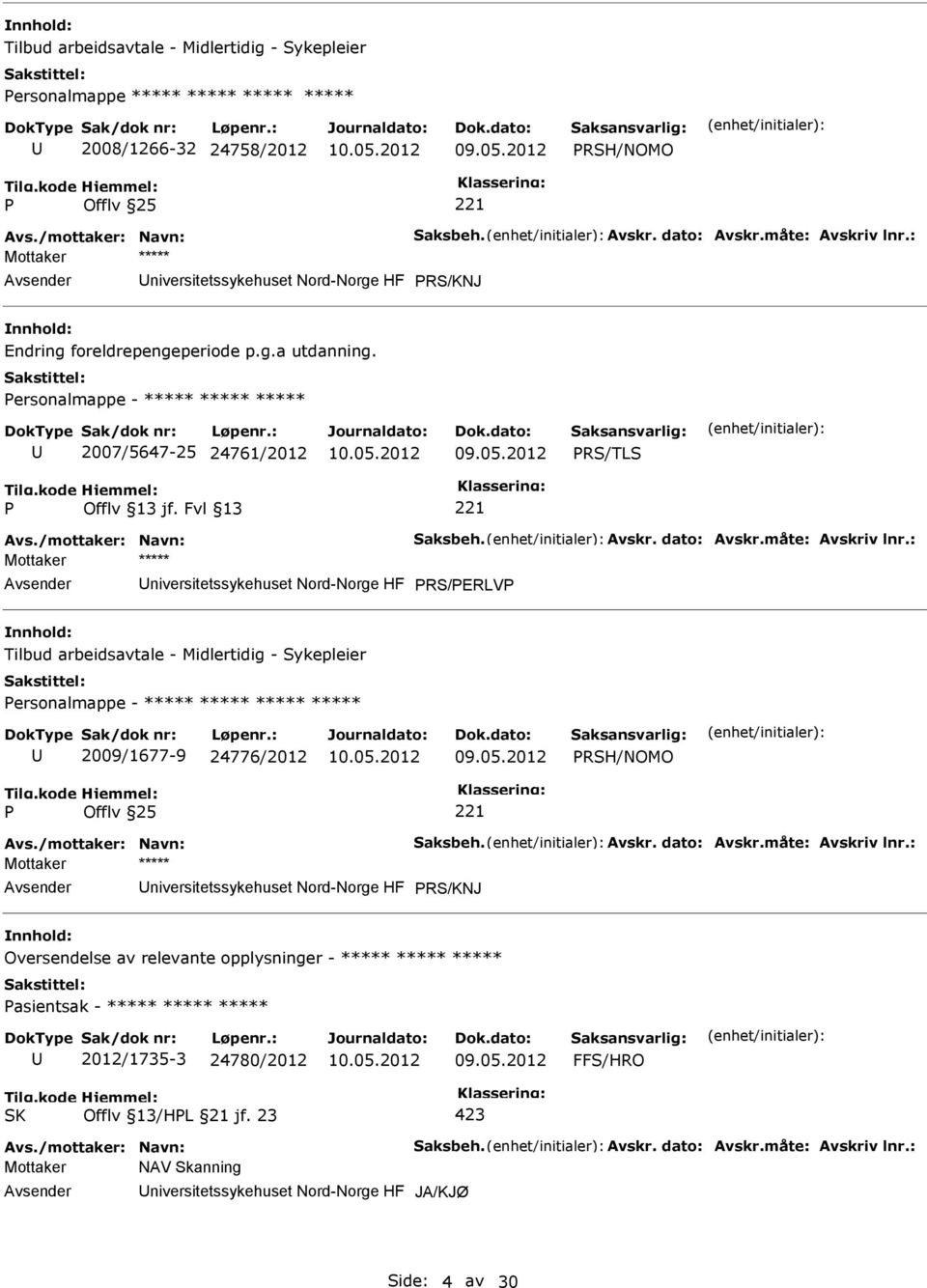 dato: Avskr.måte: Avskriv lnr.: niversitetssykehuset Nord-Norge HF RS/ERLV Tilbud arbeidsavtale - Midlertidig - Sykepleier ersonalmappe - ***** ***** ***** ***** 2009/1677-9 24776/2012 RSH/NOMO Avs.