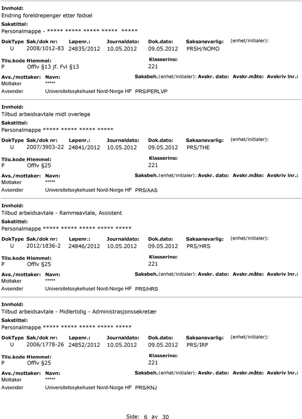 måte: Avskriv lnr.: niversitetssykehuset Nord-Norge HF RS/AAS Tilbud arbeidsavtale - Rammeavtale, Assistent ersonalmappe ***** ***** ***** ***** ***** 2012/1836-2 24846/2012 RS/HRS Avs.