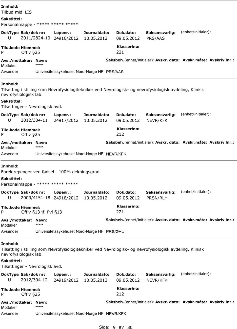 Tilsettinger - Nevrologisk avd. 2012/304-11 24917/2012 NEVR/KFK 212 Avs./mottaker: Navn: Saksbeh. Avskr. dato: Avskr.måte: Avskriv lnr.