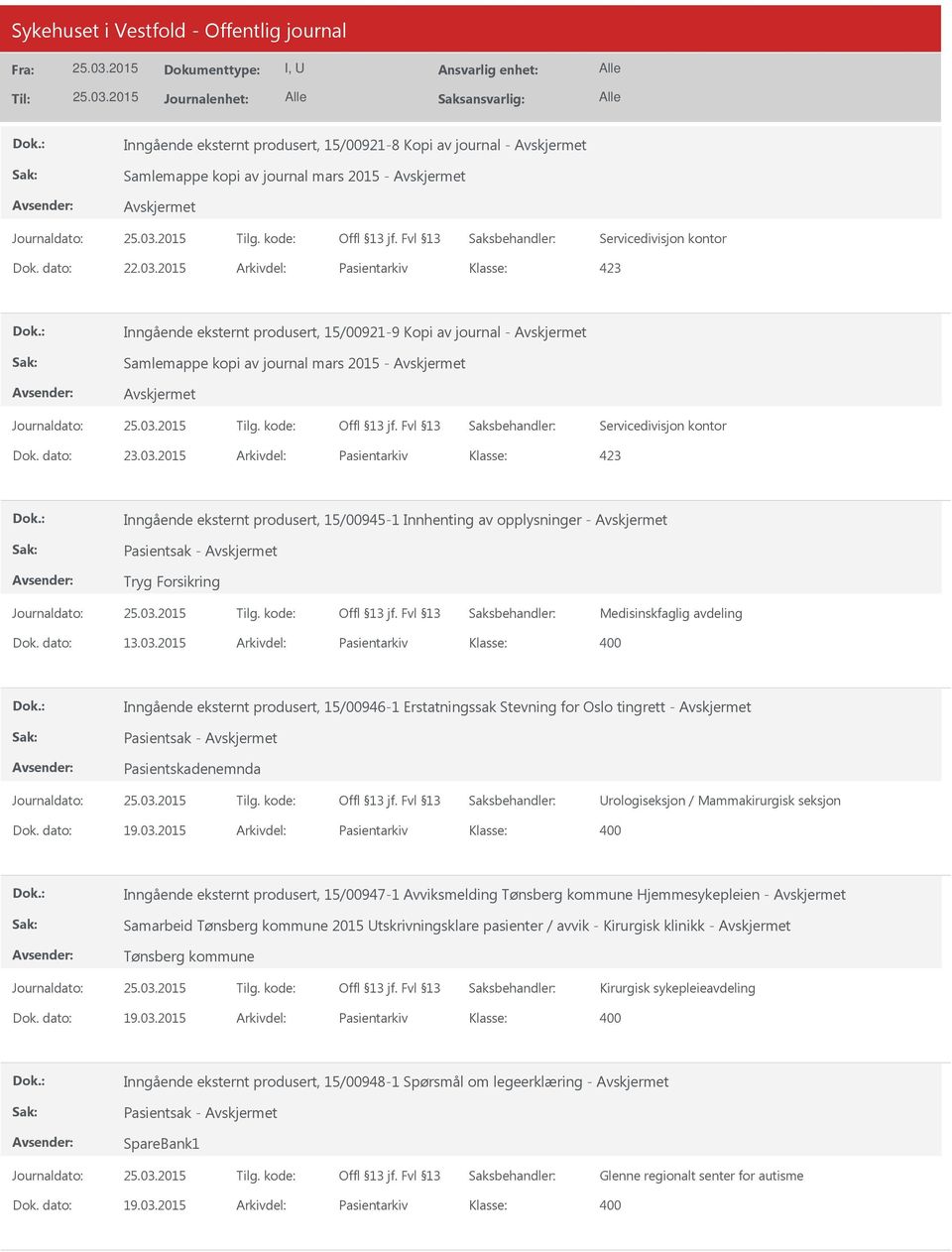 2015 Arkivdel: Pasientarkiv Klasse: Inngående eksternt produsert, 15/00945-1 Innhenting av opplysninger - Tryg Forsikring Medisinskfaglig avdeling Dok. dato: 13.03.