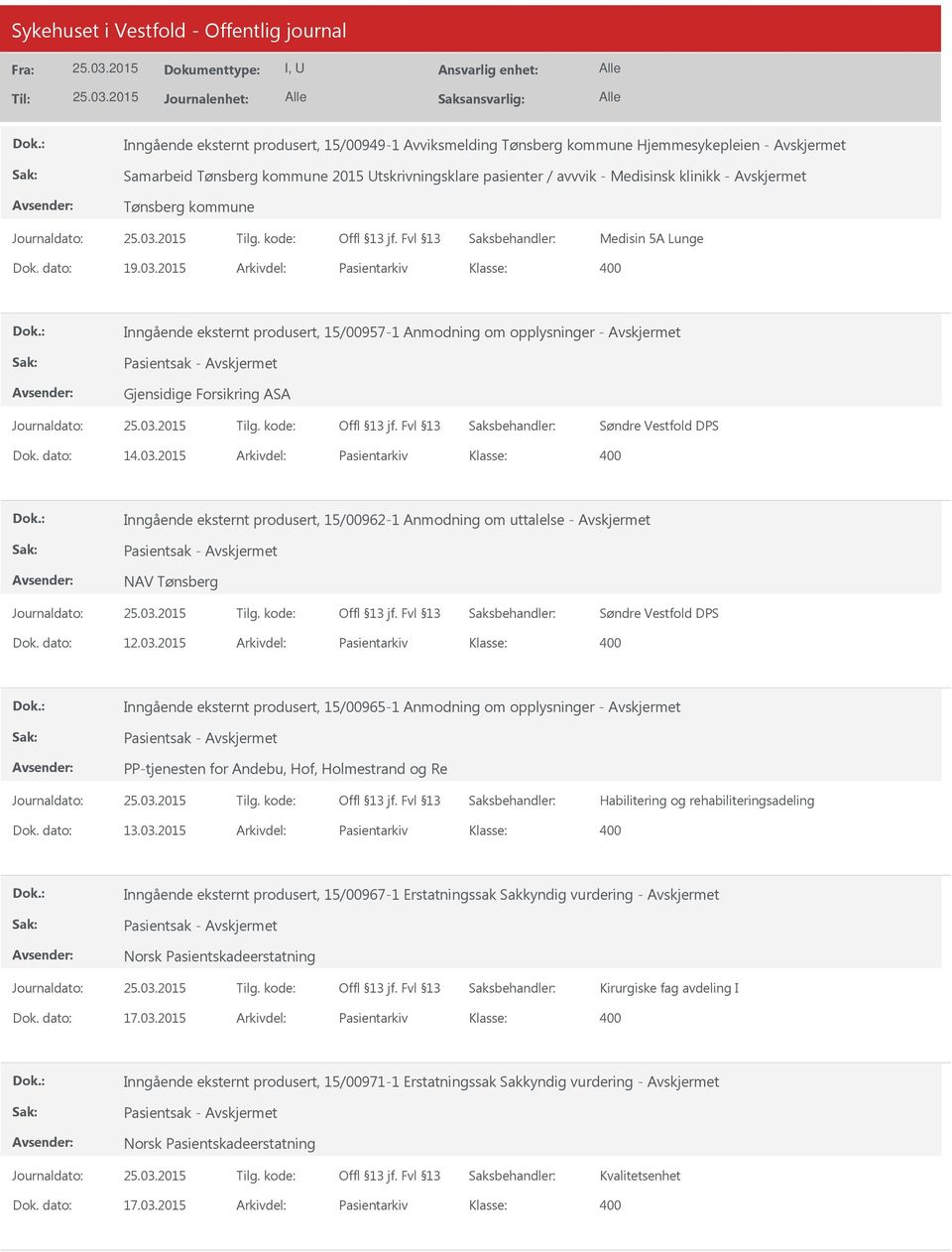 2015 Arkivdel: Pasientarkiv Klasse: Inngående eksternt produsert, 15/00962-1 Anmodning om uttalelse - NAV Tønsberg Dok. dato: 12.03.