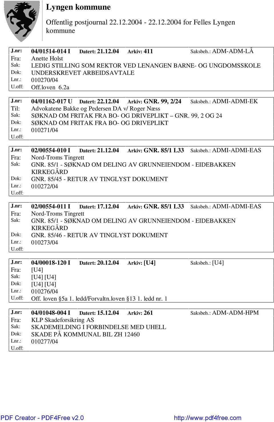 : ADMI-ADMI-EK Til: Advokatene Bakke og Pedersen DA v/ Roger Næss Sak: SØKNAD OM FRITAK FRA BO- OG DRIVEPLIKT GNR. 99, 2 OG 24 Dok: SØKNAD OM FRITAK FRA BO- OG DRIVEPLIKT Lnr.: 010271/04 J.