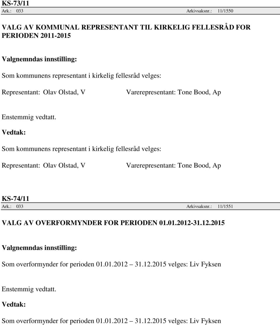 Representant: Olav Olstad, V Varerepresentant: Tone Bood, Ap Som kommunens representant i kirkelig fellesråd velges: Representant: Olav Olstad, V