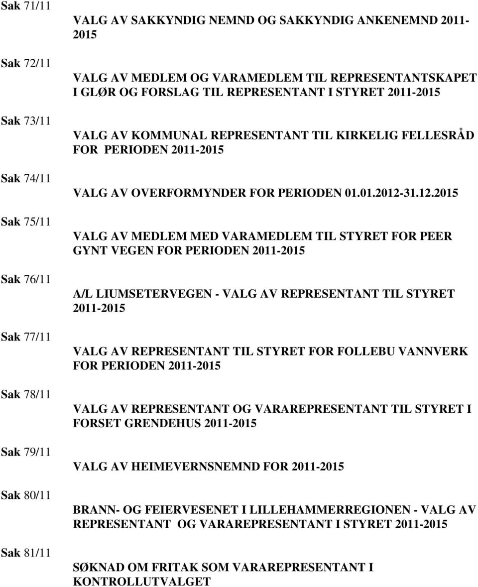 12.2015 VALG AV MEDLEM MED VARAMEDLEM TIL STYRET FOR PEER GYNT VEGEN FOR PERIODEN 2011-2015 A/L LIUMSETERVEGEN - VALG AV REPRESENTANT TIL STYRET 2011-2015 VALG AV REPRESENTANT TIL STYRET FOR FOLLEBU