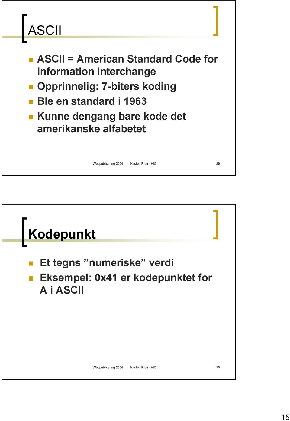 alfabetet Webpublisering 2004 - Kirsten Ribu - HiO 29 Kodepunkt Et tegns numeriske