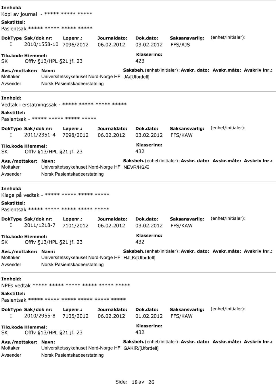 FFS/KAW Offlv 13/HL 21 jf. 23 432 Avs./mottaker: Navn: Saksbeh. Avskr. dato: Avskr.måte: Avskriv lnr.