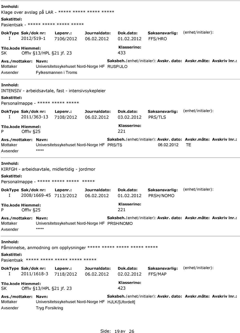 : Mottaker niversitetssykehuset Nord-Norge HF RS/JLO Fylkesmannen i Troms NTENSV - arbeidsavtale, fast - intensivsykepleier ersonalmappe - ***** ***** ***** 2011/363-13 7108/2012 RS/TLS Avs.