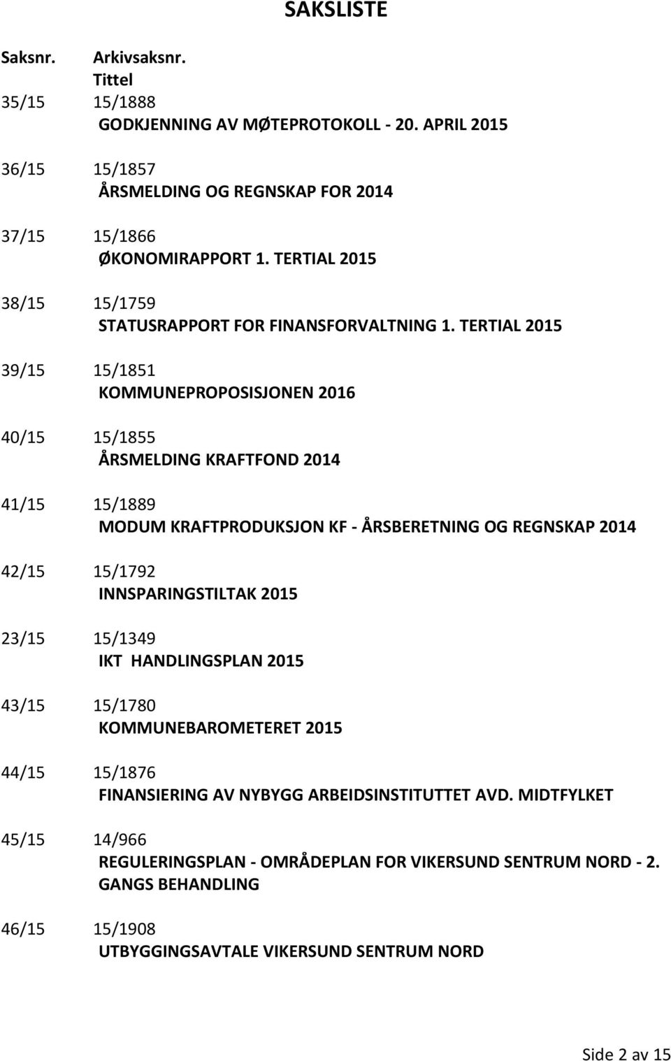 TERTIAL 2015 39/15 15/1851 KOMMUNEPROPOSISJONEN 2016 40/15 15/1855 ÅRSMELDING KRAFTFOND 2014 41/15 15/1889 MODUM KRAFTPRODUKSJON KF - ÅRSBERETNING OG REGNSKAP 2014 42/15 15/1792