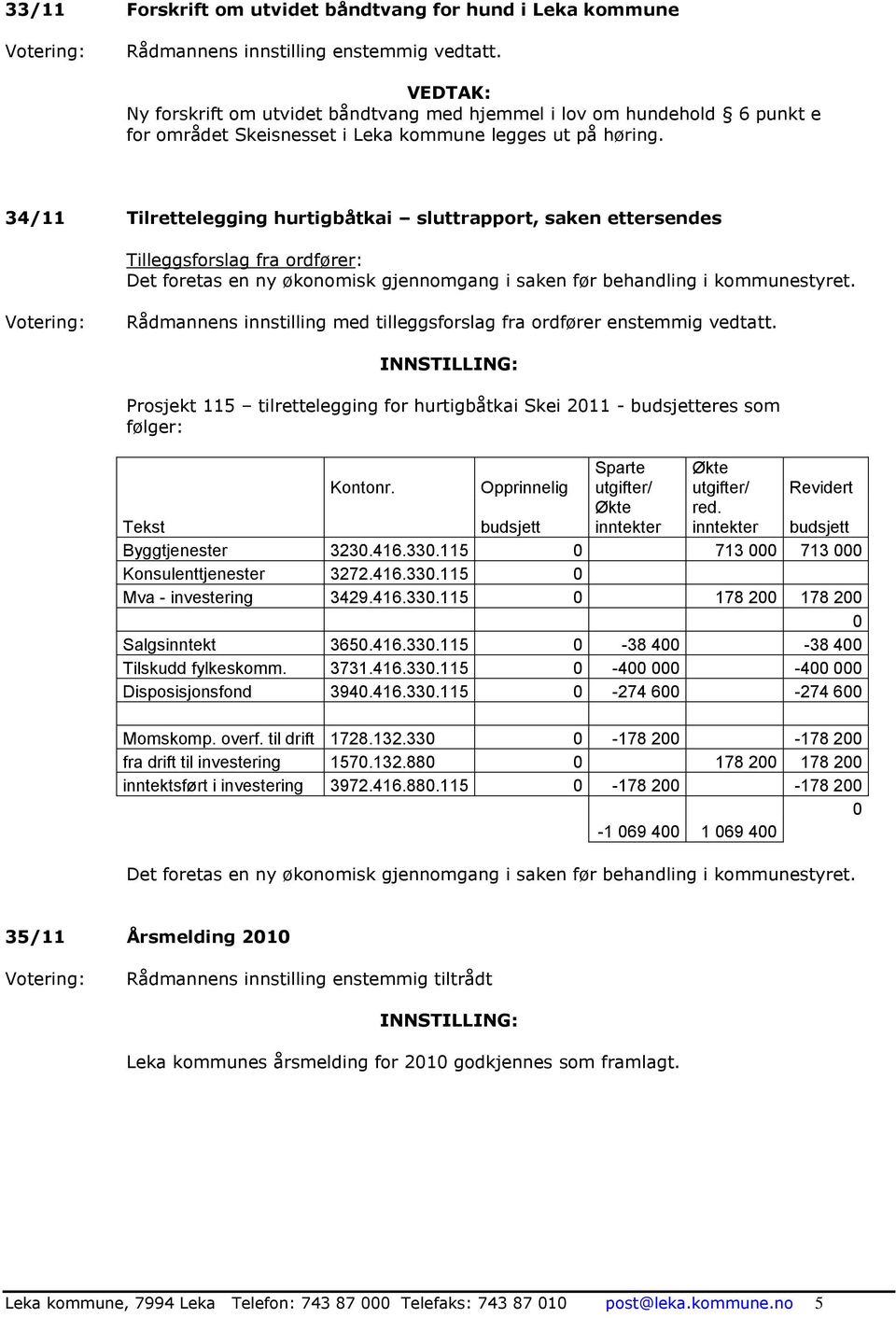 Rådmannens innstilling med tilleggsforslag fra ordfører enstemmig vedtatt. INNSTILLING: Prosjekt 115 tilrettelegging for hurtigbåtkai Skei 2011 - budsjetteres som følger: Kontonr.