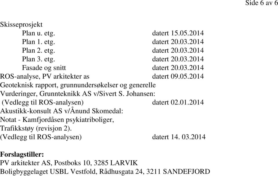 Johansen: (Vedlegg til ROS-analysen) datert 02.01.2014 Akustikk-konsult AS v/ånund Skomedal: Notat - Kamfjordåsen psykiatriboliger, Trafikkstøy (revisjon 2).