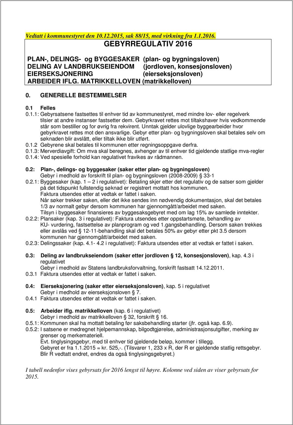 MATRIKKELLOVEN (matrikkelloven) 0. GENERELLE BESTEMMELSER 0.1 Felles 0.1.1: Gebyrsatsene fastsettes til enhver tid av kommunestyret, med mindre lov- eller regelverk tilsier at andre instanser fastsetter dem.