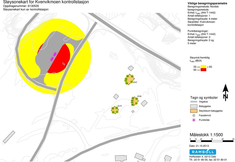 T-1442) Antall refleksjoner: 3 Beregningshøyde: 2 og 5 meter Støynivå fremtidig L den db(a) 55 <= < 65 65 <= 48 44 48 50 34 25/67 49 25/70 48 46 43 34 46 49 38 46 46 34