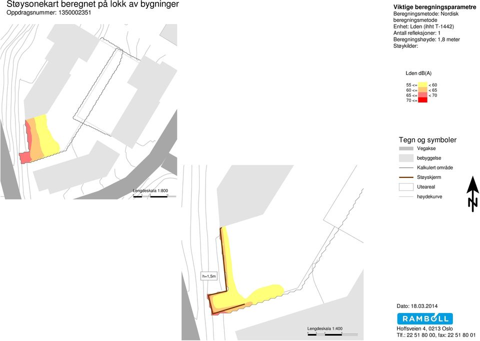 60 60 <= < 65 65 <= < 70 70 <= Tegn og symboler Vegakse bebyggelse Kalkulert område Støyskjerm Lengdeskala 1:800 0 4 8 16