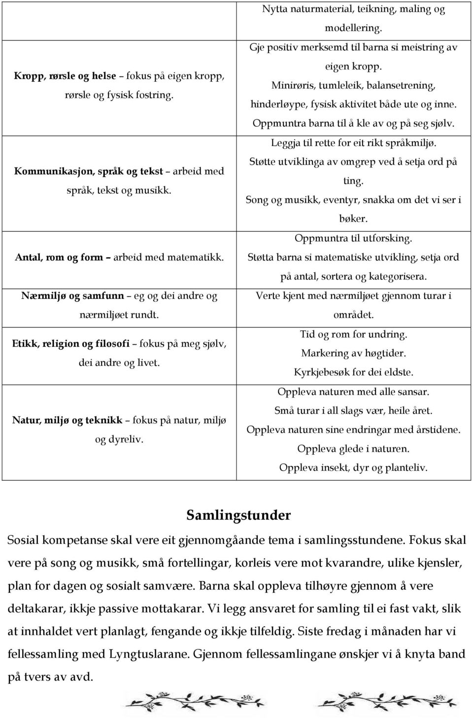 Etikk, religion og filosofi fokus på meg sjølv, dei andre og livet. Natur, miljø og teknikk fokus på natur, miljø og dyreliv. eigen kropp.