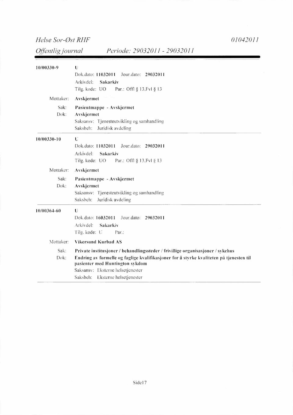 dato: 29032011 Tilg. kode: U0 Par.: Offl 13,Fv1 13 Avskjermet Sak: Pasientmappe - Avskjermet Dok: Avskjermet Tjenesteutvikling og samhandling Juridisk avdeling 10/00364-60 Dok.