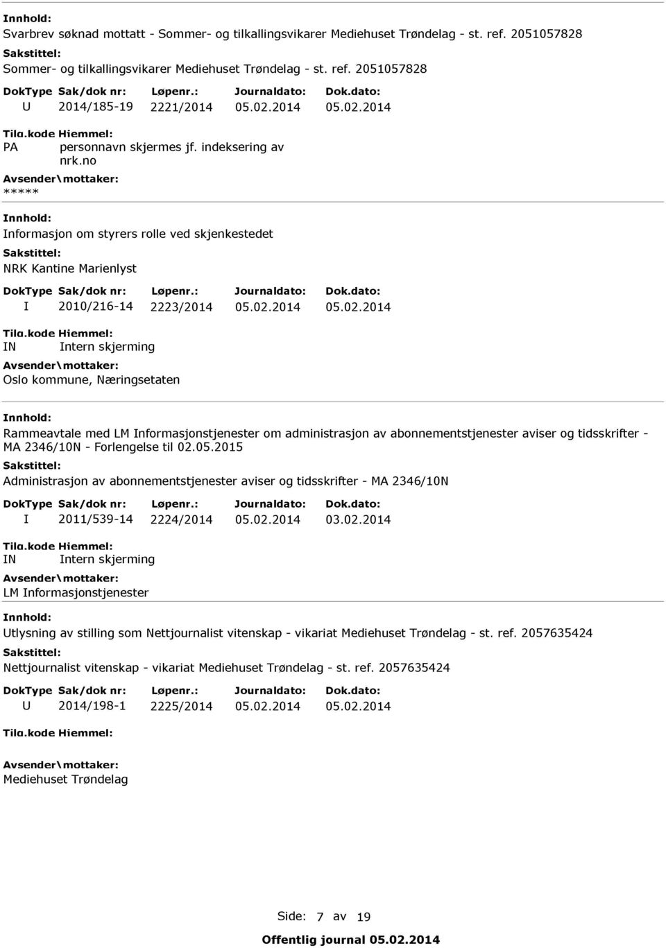 2014 Informasjon om styrers rolle ved skjenkestedet NRK Kantine Marienlyst I 2010/216-14 2223/2014 IN Intern skjerming Oslo kommune, Næringsetaten Rammeavtale med LM Informasjonstjenester om