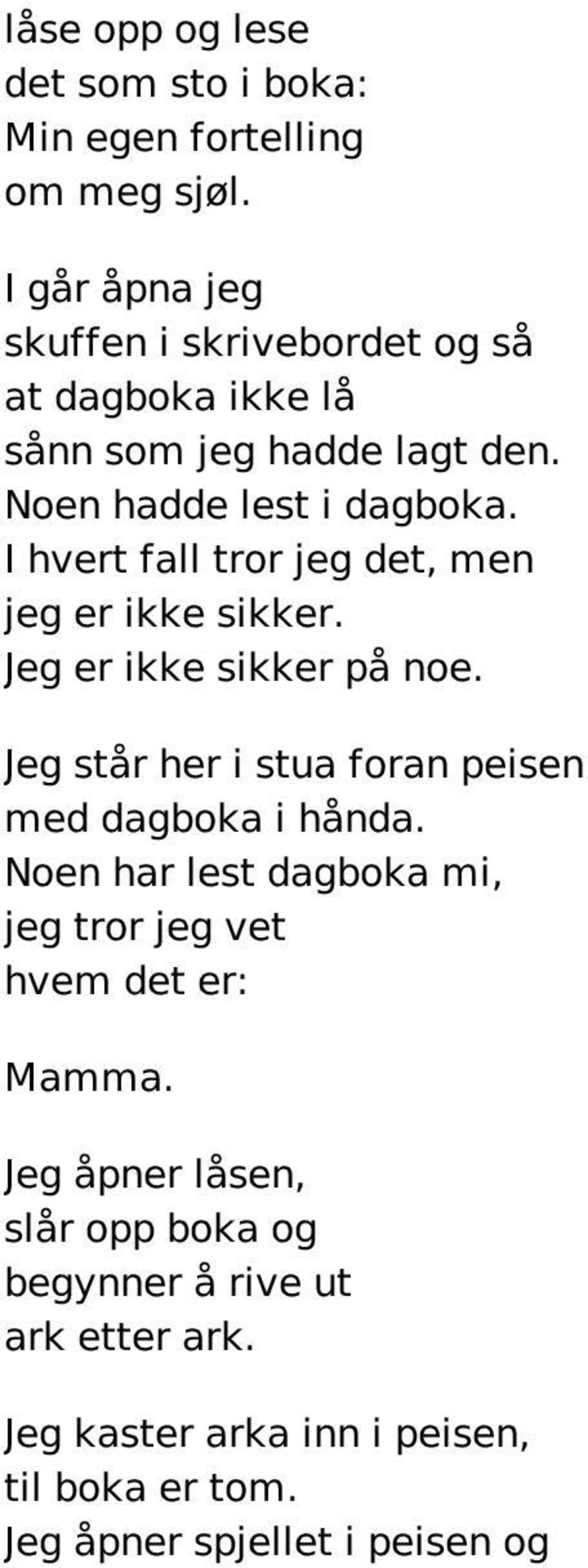 I hvert fall tror jeg det, men jeg er ikke sikker. Jeg er ikke sikker på noe. Jeg står her i stua foran peisen med dagboka i hånda.