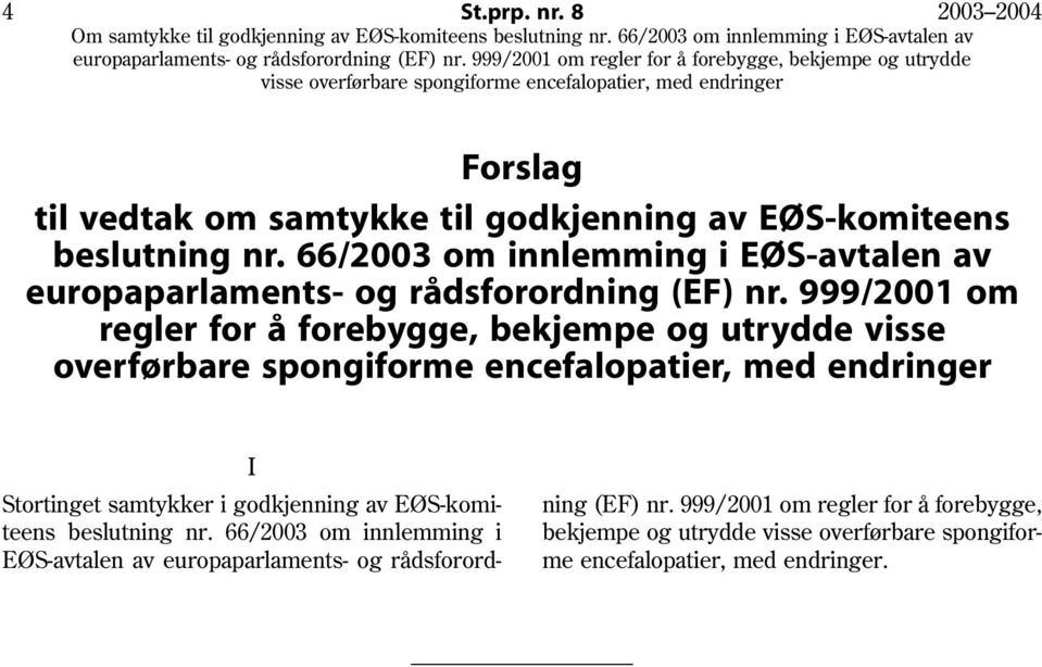 999/2001 om regler for å forebygge, bekjempe og utrydde visse overførbare spongiforme encefalopatier, med endringer I Stortinget samtykker i