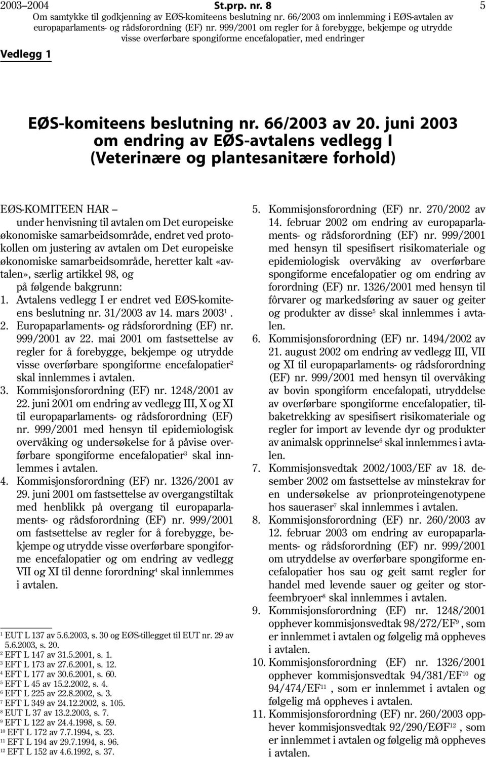 999/2001 økonomiske samarbeidsområde, endret ved protokollen om justering av avtalen om Det europeiske med hensyn til spesifisert risikomateriale og økonomiske samarbeidsområde, heretter kalt