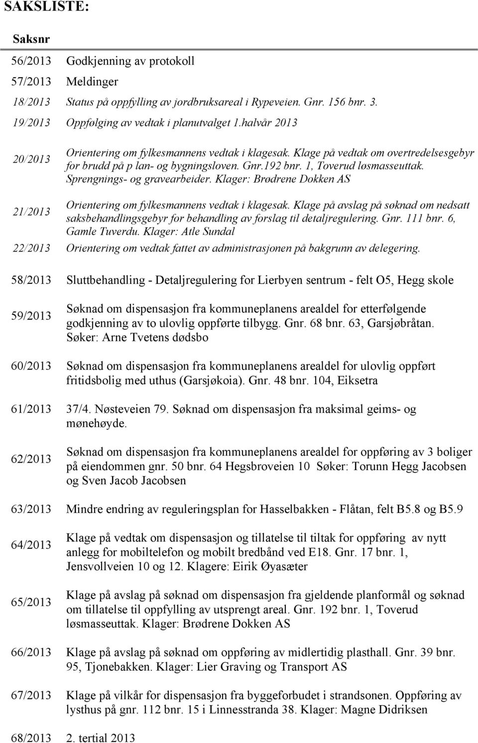 Sprengnings- og gravearbeider. Klager: Brødrene Dokken AS 21/2013 Orientering om fylkesmannens vedtak i klagesak.